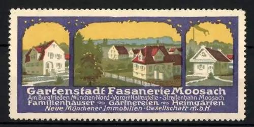 Reklamemarke Moosach, Gartenstadt Fasanerie, Neue Münchener Immobilien GmbH, Villenviertel