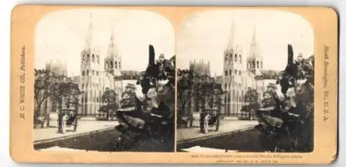 Stereo-Fotografie H. C. White Co., North Bennington, Ansicht Manila, the beautiful Church San Sebastan Philippine Islan