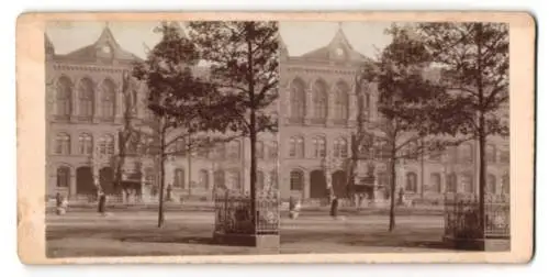 Stereo-Fotografie unbekannter Fotograf, Ansicht Dortmund, Relaschule mit der Bismarckeiche und dem Kriegerdenkmal, 1897