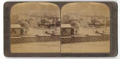 Stereo-Fotografie Underwood & Underwood, New York, Ansicht Port Arthur, looking south over docks to forts