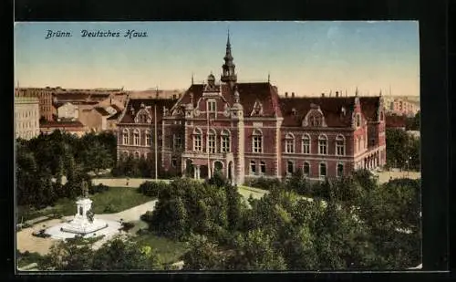 AK Brünn / Brno, Deutsches Haus mit Denkmal