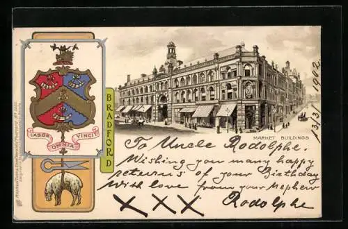 Lithographie Bradford, Market Buildings, Wappen