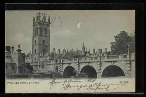 Mondschein-AK Oxford, Magdalen Bridge & Tower