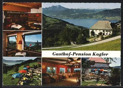 AK Weyregg /Attersee, Gasthof Kogler mit Umgebung, Garten, Innenansichten