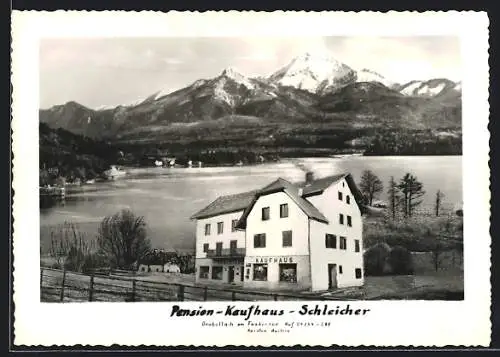 AK Drobollach /Faakersee, Pension-Kaufhaus Schleicher mit See und Bergpanorama