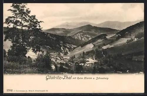 AK Breitenstein am Semmering, Göstritz-Thal mit Ruine Klamm und Schneeberg