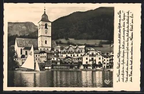 AK St. Wolfgang, Blick auf Hotel-Pension Weisses Ross mit Kirche, Segelschiff