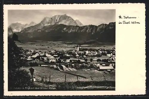 AK St. Johann in Tirol, Ortsansicht mit dem Wilden Kaiser