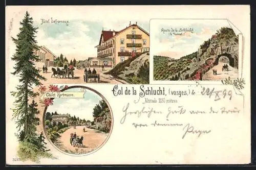 Lithographie Col de la Schlucht, Hotel Defranoux, Route de la Schlucht, Chalet Hartmann