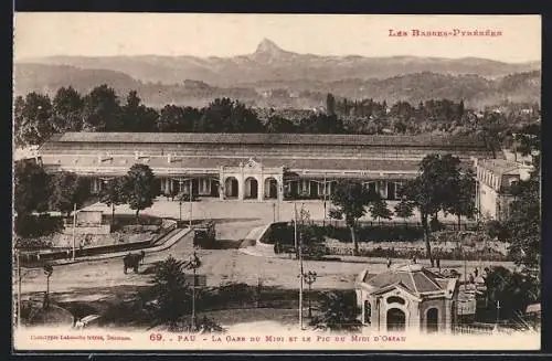 AK Pau, La Gare du Midi et le Pic du Midi d`Ossau, Bahnhof, Strassenbahn