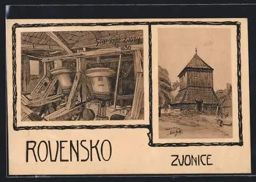 Künstler-AK Rovensko, Zvonice, Starobylé Zvony 1630