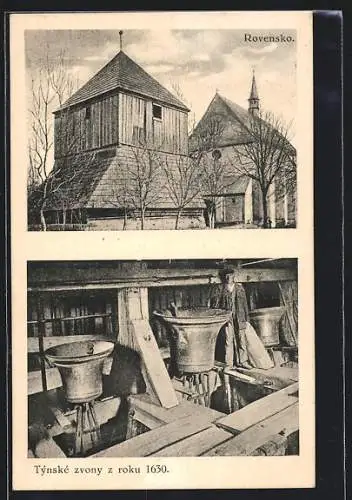 AK Rovensko pod Troskami, Ansicht der Kirche, Im Glockenstuhl