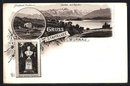 Lithographie Murnau /Staffelsee, Hotel, Staffel mit Rieden, König Ludwig II. Denkmal