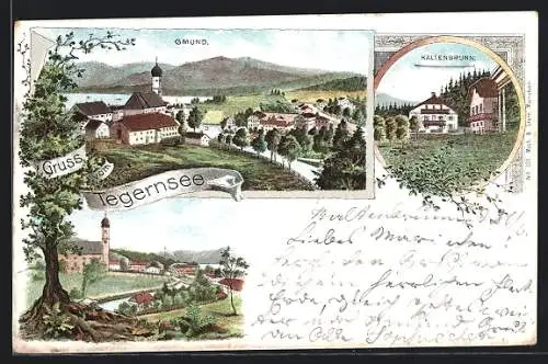 Lithographie Gmund /Tegernsee, Teilansicht mit Kirche, Ortspartie, Kaltenbrunn
