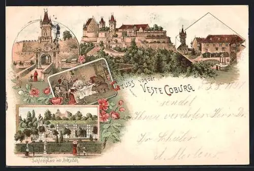 Lithographie Coburg, Veste Coburg mit Gesamtansicht, Hauptportal, Schlossplatz mit Arkaden