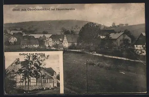 AK Oberfrauendorf, Gasthof K. Fleming, Ortsansicht