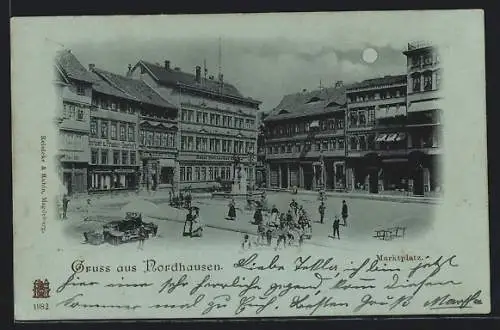 Mondschein-AK Nordhausen, Marktplatz mit Hotel Römischer Kaiser und Brunnen