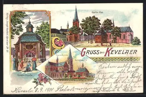 Lithographie Kevelaer, Marienkirche & Beichtkapelle, Gnaden-Kapelle, Kapellen-Platz