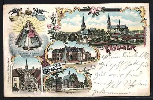 Lithographie Kevelaer, Marien-Hospital, Kapellenplatz, Ortsansicht, Heiligenbild