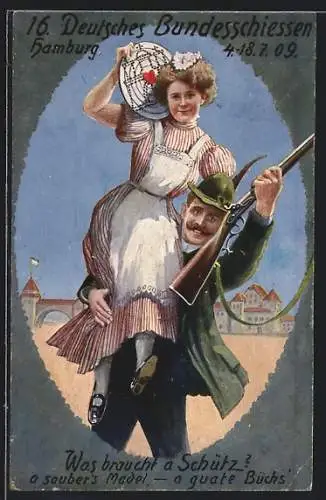 AK Hamburg, 16. Deutsches Bundesschiessen 1909, Schütze trägt seine Liebste und sein Gewehr
