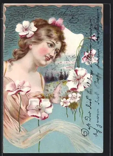 Künstler-AK Junge Frau mit Blumen vor Landschaftsbild mit Nadelbäumen, Jugendstil