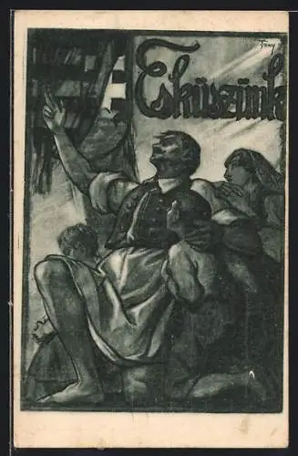 Künstler-AK Ungarn, Wir verlassen Dich nimmer, Soldat von Familie umgeben