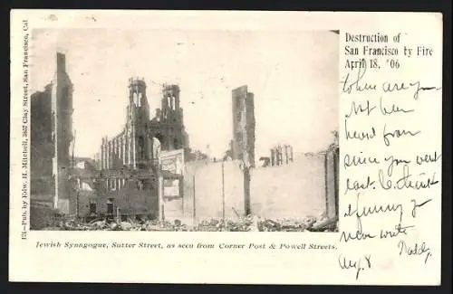 AK San Francisco, Destruction by Fire 1906, Jewish Synagogue, Sutter Street, as seen from Corner Post & Powell Streets