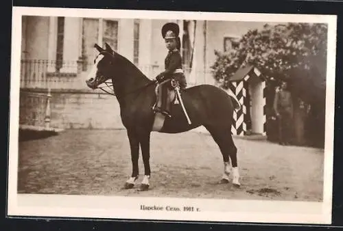 AK Prinz Alexej von Russland als Bub zu Ross