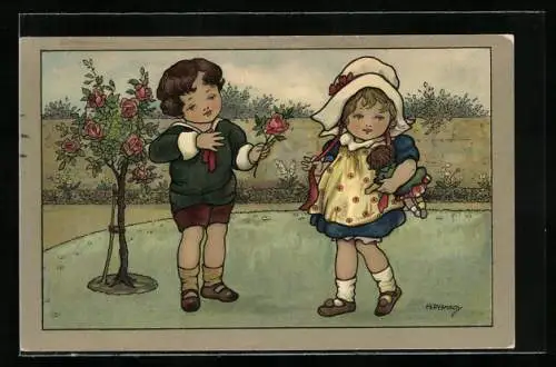 Künstler-AK Florence Hardy: Junger Knabe gesteht Mädchen mit Puppe seine Liebe mit Rose in der Hand, Liebeskarte