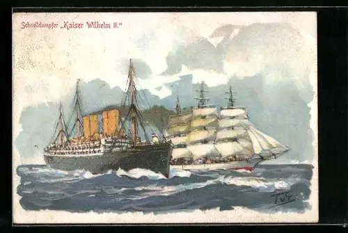 Künstler-AK Passagierschiff Schnelldampfer Kaiser Wilhelm II. und Segelschiff