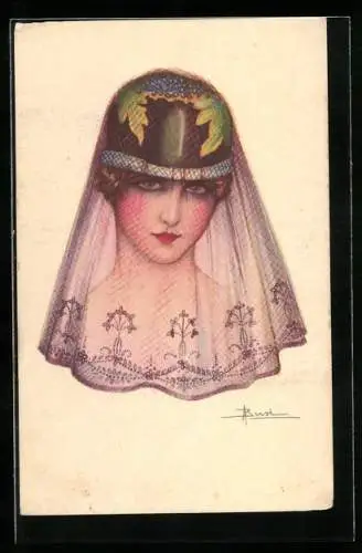 Künstler-AK Adolfo Busi: Dame trägt violetten Schleier