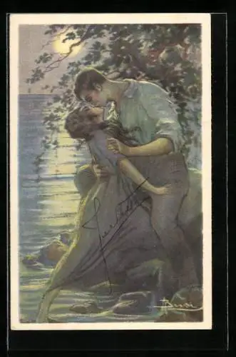 Künstler-AK Adolfo Busi: Liebespaar küsst sich im Mondenschein