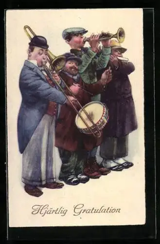 Künstler-AK Arthur Thiele: lustiges Männer-Quartett mit Trommel, Trompete und Flöte