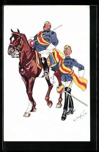 Künstler-AK Fritz Schönpflug: Burschenschafter in vollem Wichs zu Pferde