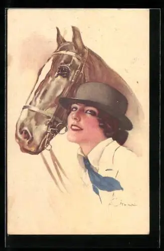 Künstler-AK Terzi: hübsche Reiterin mit Pferd