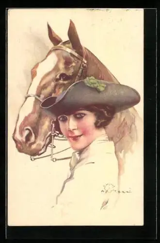 Künstler-AK Terzi: Lächelnde Dame mit Hut vor Ihrem Pferd