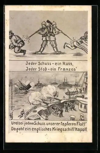 Künstler-AK Willi Scheuermann: Propaganda 1. Weltkrieg, Jeder Schuss ein Russ, Jeder Stoss ein Franzos`