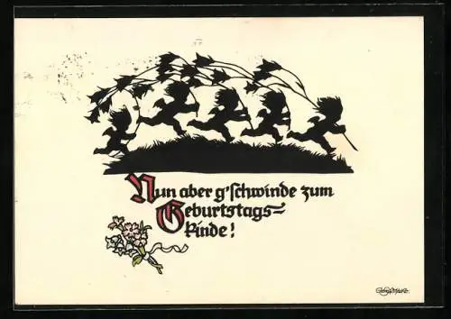 Künstler-AK Georg Plischke: Nun aber g'schwinde zum Geburtstagskinde, Engel eilen mit Blumen die Bergwiese hinab