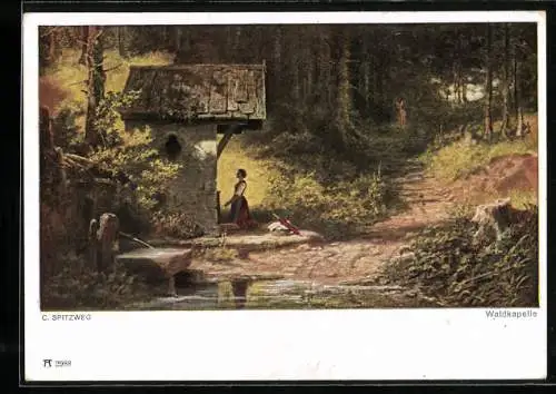 Künstler-AK Carl Spitzweg: Waldkapelle, Frau kniet beim Gebet am Flussufer
