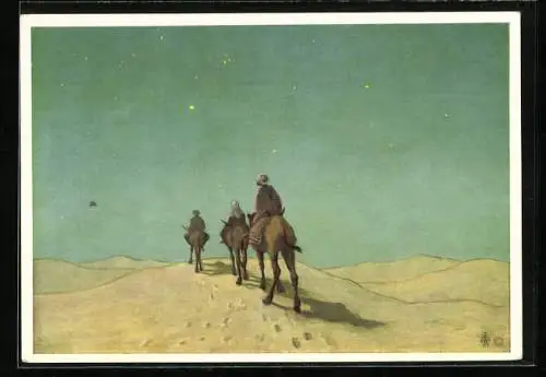 Künstler-AK Schönermark: Sie folgtem dem Stern..., Araber auf Kamelen in der Wüste