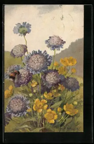 Künstler-AK Anna Haller: Landschaftspartie mit bunten Blumen und einer Hummel