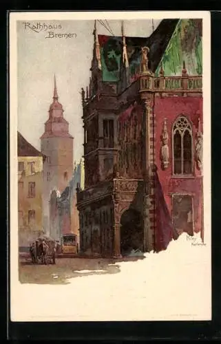 Künstler-Lithographie Heinrich Kley: Bremen, Blick zum Rathaus