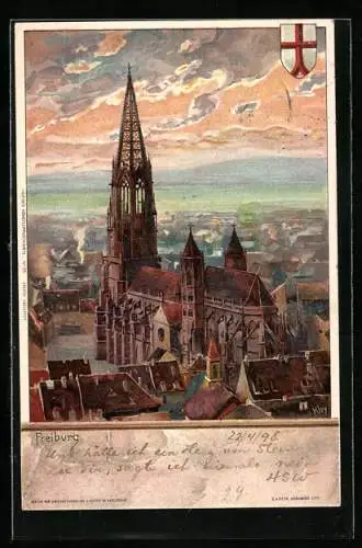 Künstler-AK Heinrich Kley: Freiburg, Ortsansicht, Wappen