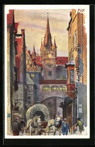 Künstler-AK Heinrich Kley: Nürnberg, Pferdegespann auf der Strasse Rathausgasse