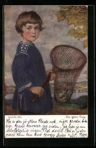 Künstler-AK Corneille Max: Ein guter Fang, Bursche mit Fischen im Kescher
