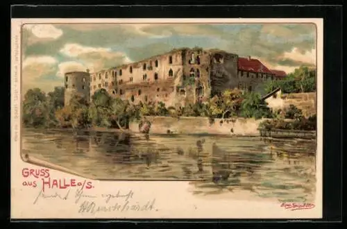 Künstler-AK Erwin Spindler: Halle / Saale, Blick auf die Ruine