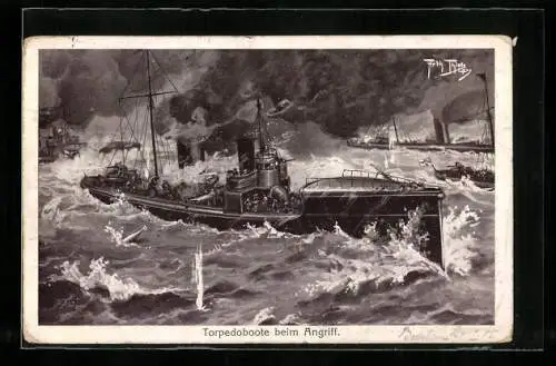 Künstler-AK Arthur Thiele: Torpedoboote beim Angriff