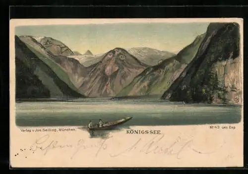 Lithographie Königssee mit Kahn vor Berg mit Gesicht / Berggesichter