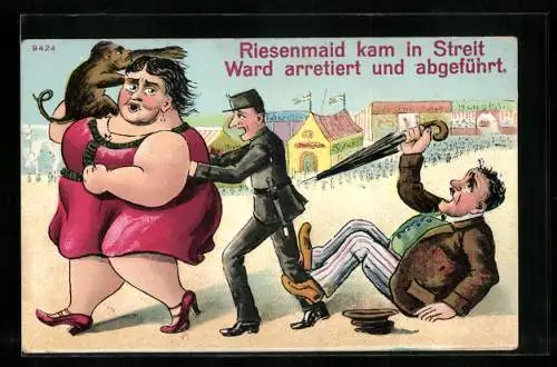 Künstler-AK Bruno Bürger & Ottillie Nr. 9424: Riesenmaid kam in Streit..., Polizist führt Frau nach einem Streit ab