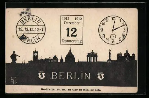 Künstler-AK Berlin, Stadtsilhouette, Kalenderblatt 11. Dezember 1913, Uhr, 11.12.13